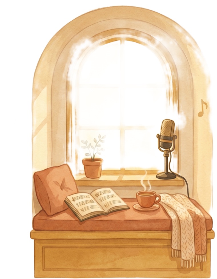 A cosy window seat at golden hour — an open songbook, a warm cup of tea, and a vintage microphone, waiting