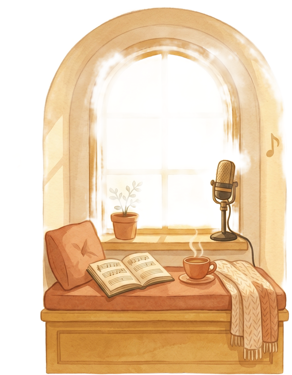 A cosy window seat at golden hour — an open songbook, a warm cup, and a vintage microphone, waiting