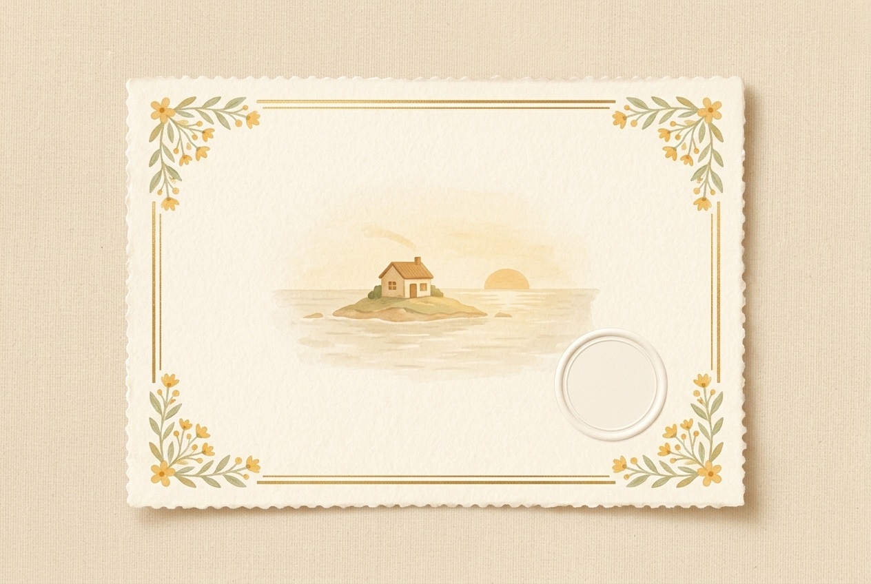 A hand-painted invitation to Echo Isle at golden hour