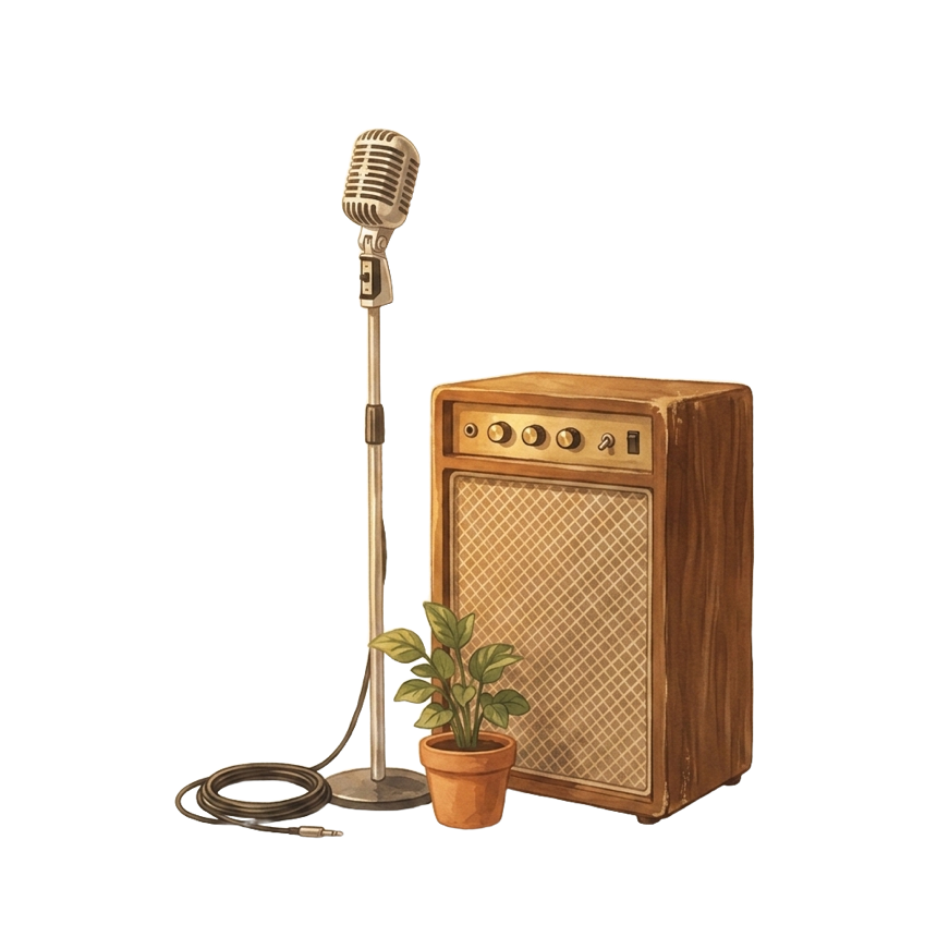 A vintage microphone on a stand beside a warm speaker — a little corner stage