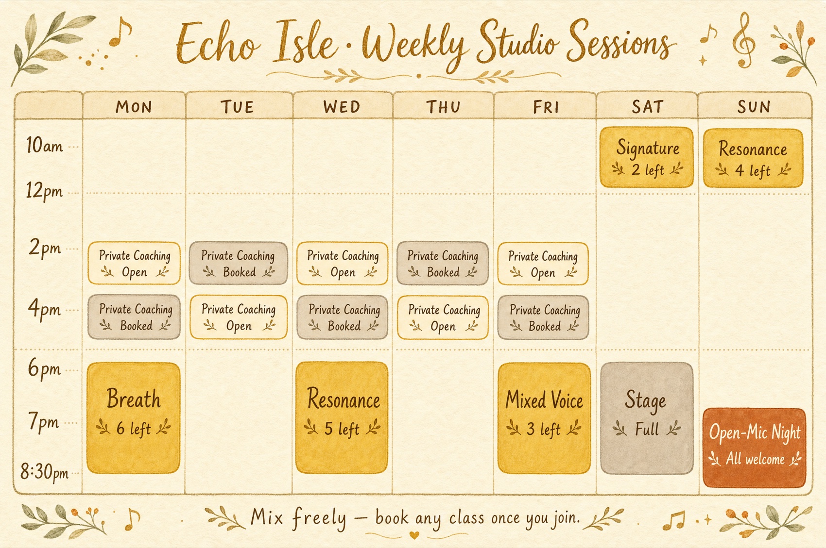 A week-view class schedule for Echo Isle: themed Studio Sessions on Monday, Wednesday and Friday evenings and on weekend mornings, an Open-Mic Night on Sunday evening, and private one-to-one coaching through the week.