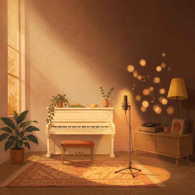 A vintage microphone on a warmly-lit stage with soft audience lights