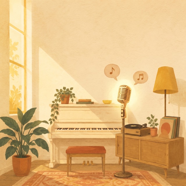 A vintage microphone with two warm speech bubbles
