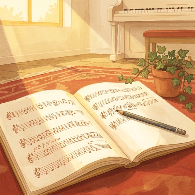 An open songbook with handwritten notes and a pencil