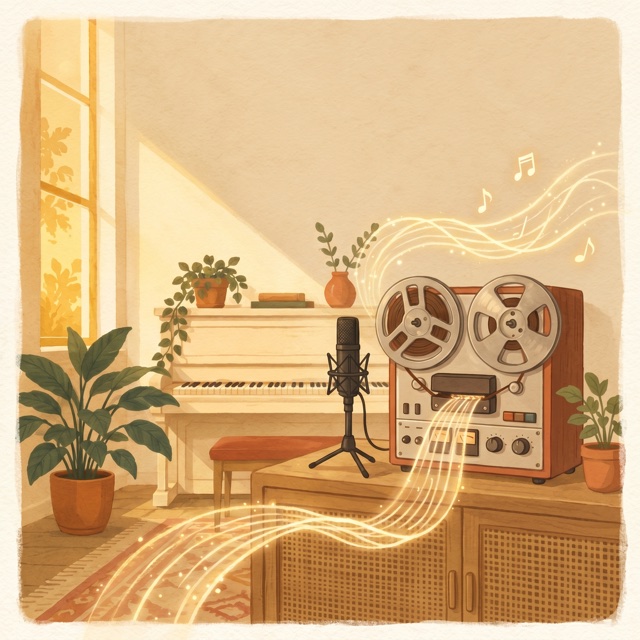 A vintage reel-to-reel recorder with a glowing sound wave