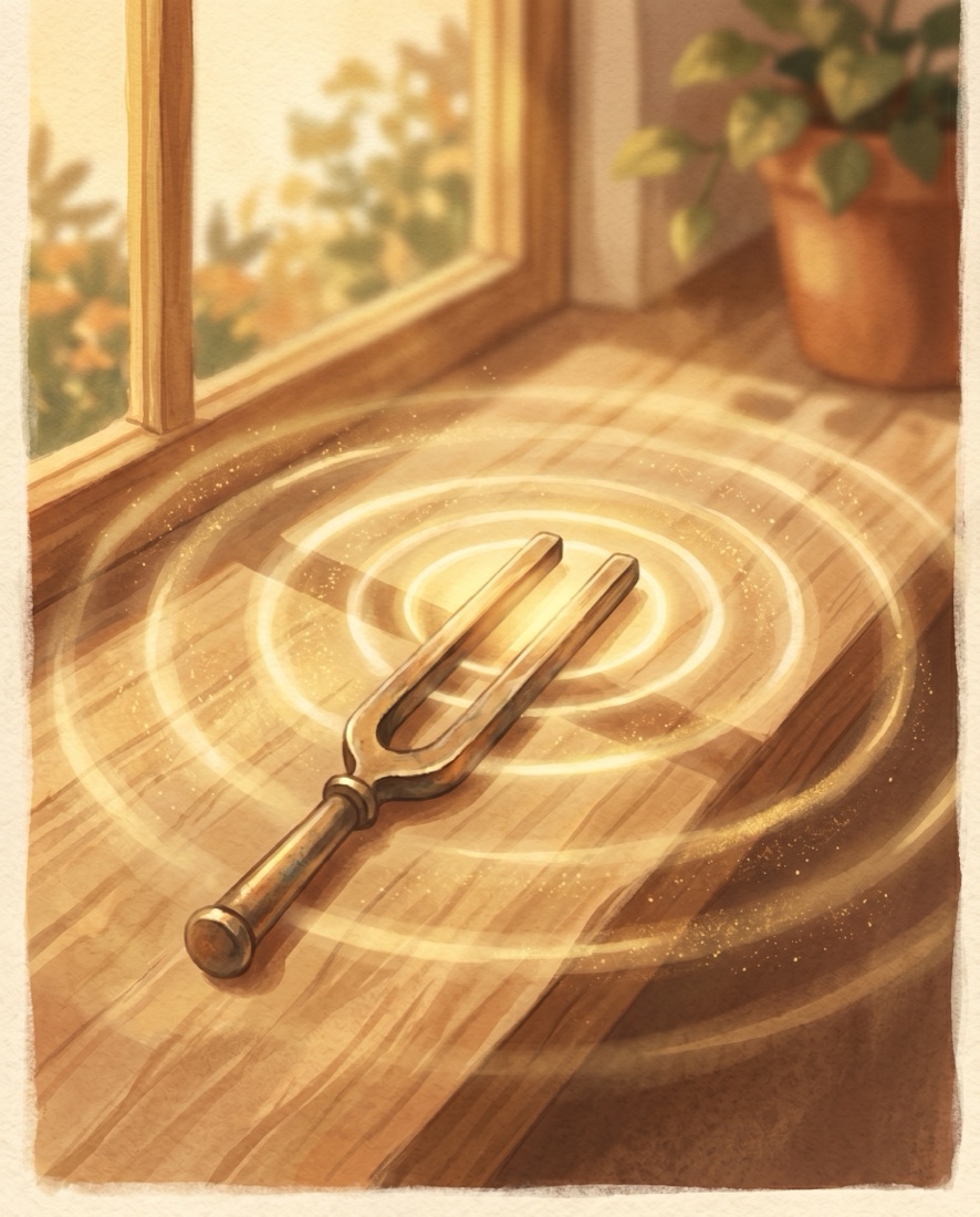 A tuning fork on a windowsill, rings of golden light rippling outward
