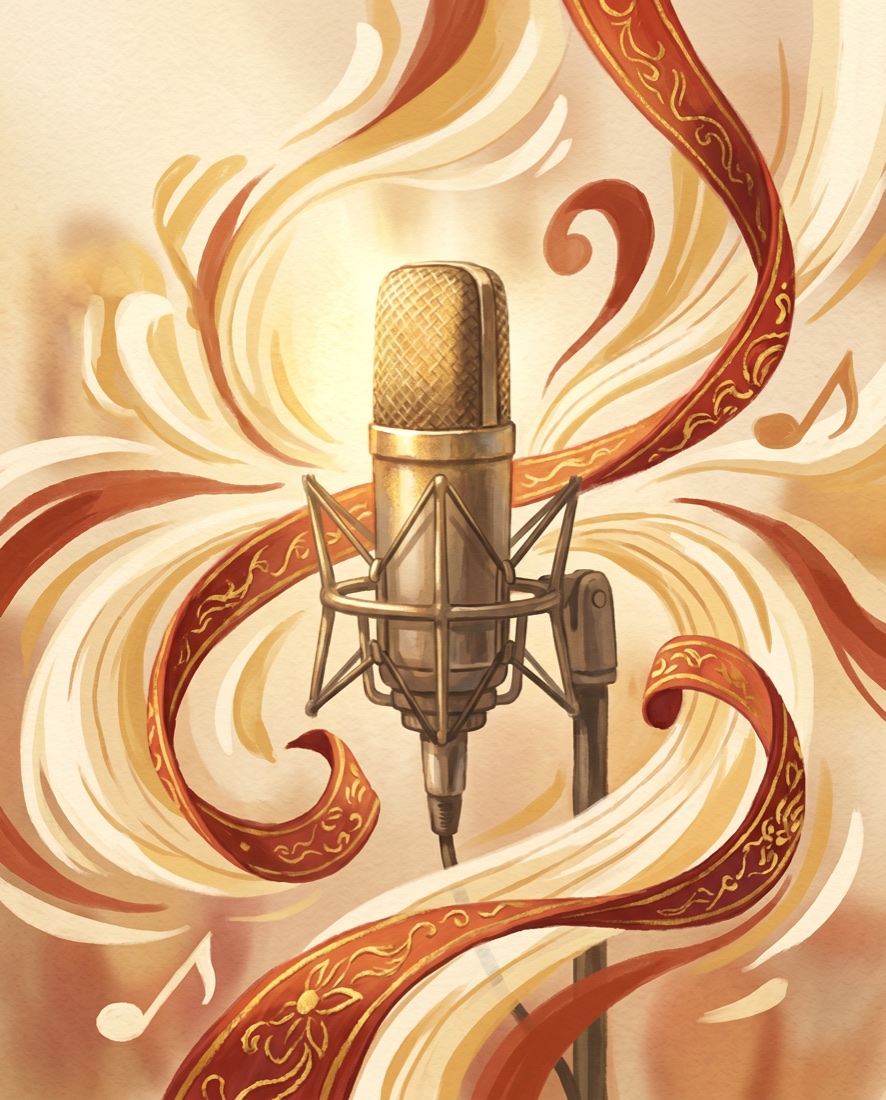 A vintage microphone in golden light with a wisp of opera silk and sweeping notes