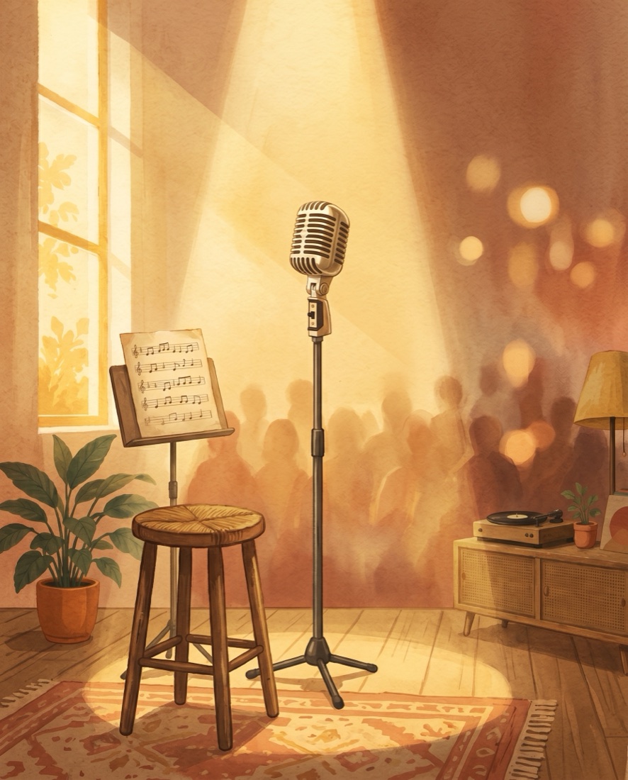 A cosy golden-hour stage corner with a vintage microphone in a warm spotlight