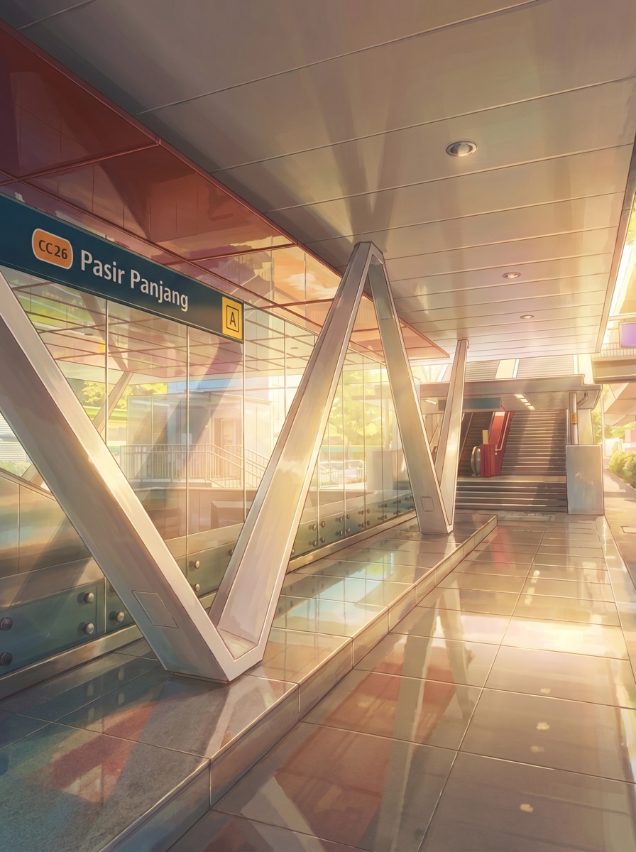 Head to the escalator for the overhead bridge